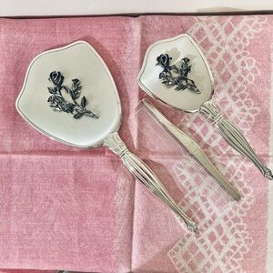 Vintage 1960’s Silver-tone Vanity Set 3 Piece Handheld Mirror, Brush and Comb